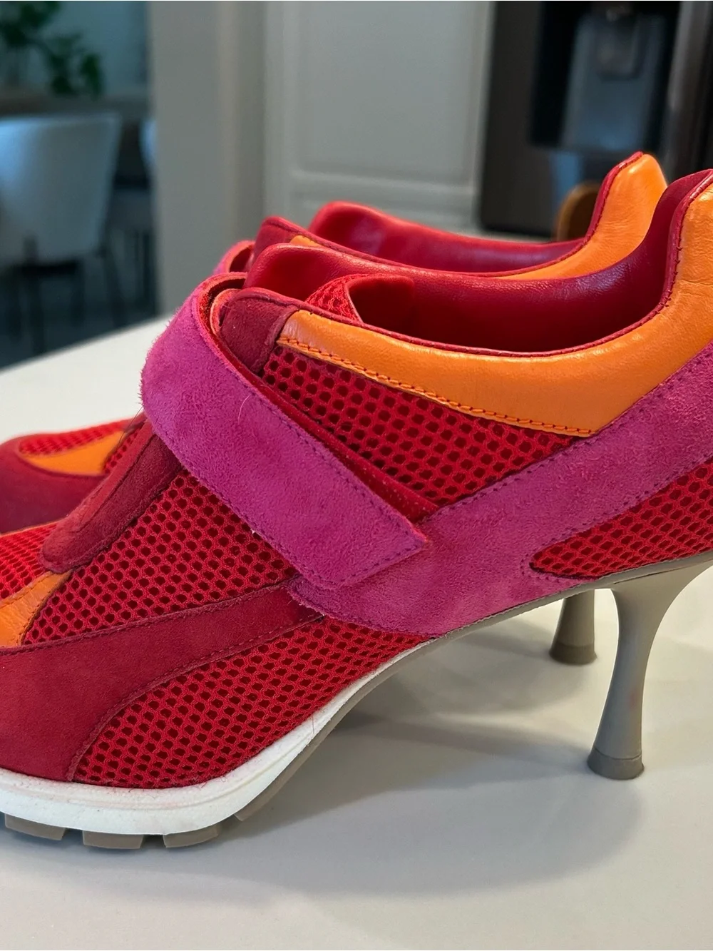 Feminine Suede & Mesh Heeled Sneaker in Pink, Red & Orange